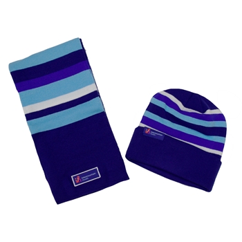 CUSTOM SCARF AND BEANIE SET WITH FULL COLOR WOVEN LABEL, BLUE 